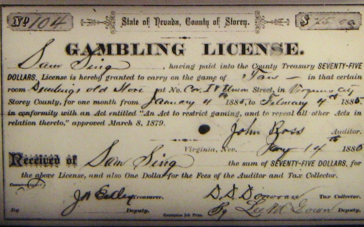 A gambling license issued in Nevada in 1880